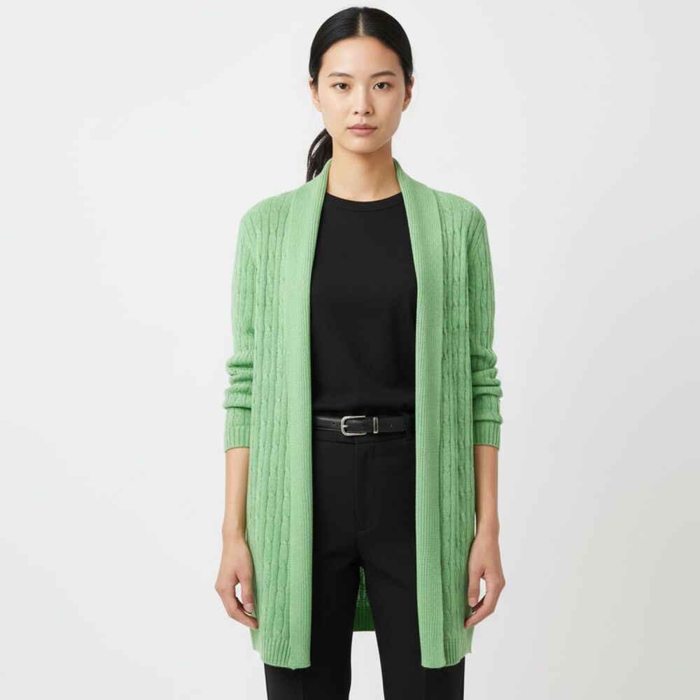 Ralph Lauren Green Knit Open Front Long Sleeve Duster Cardigan Sweater M
